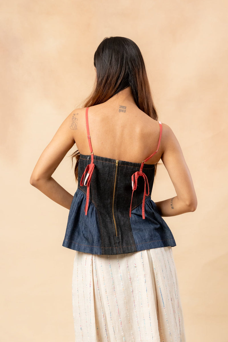 Sunhat Spell Denim Top by Doodlage in blue color for women Worldwide