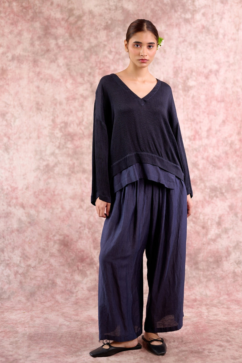 Savanna Navy Top bemberg muga silk by Doodlage in navy color for women Worldwide