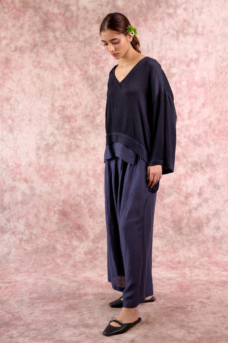 Savanna Navy Top bemberg muga silk by Doodlage in navy color for women Worldwide