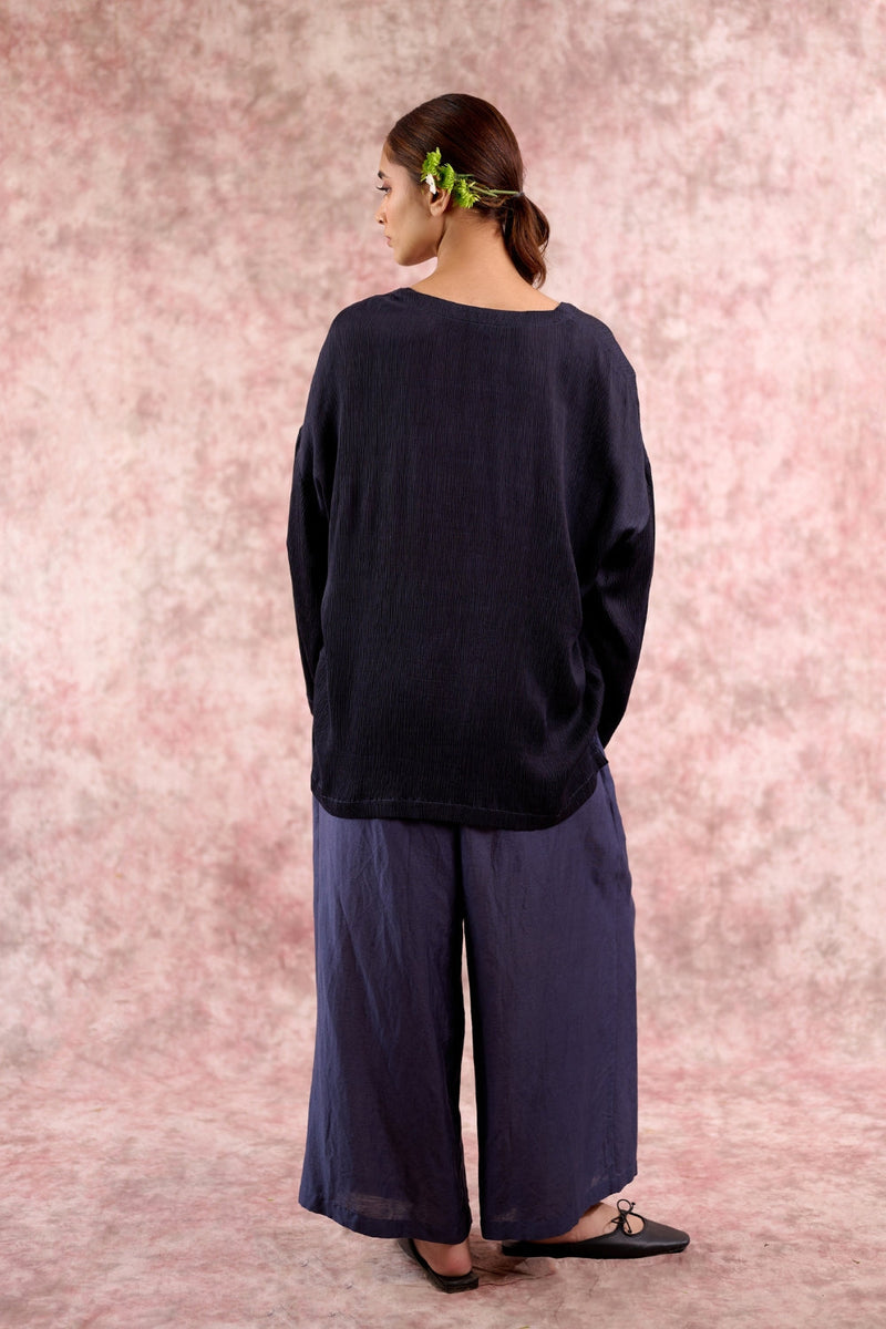 Savanna Navy Top bemberg muga silk by Doodlage in navy color for women Worldwide