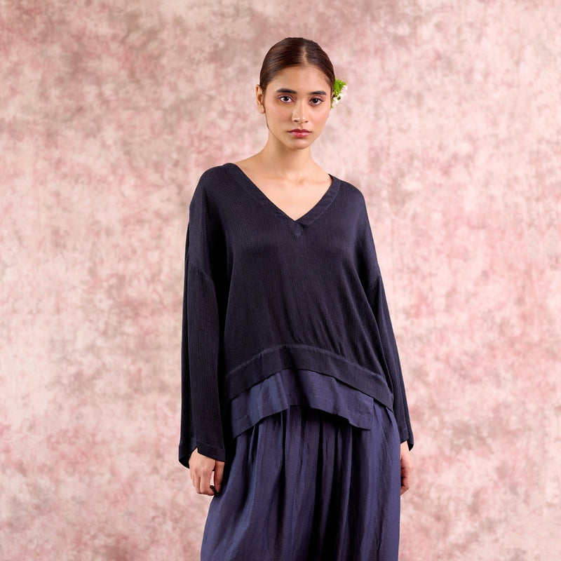 Savanna Navy Top bemberg muga silk by Doodlage in navy color for women Worldwide