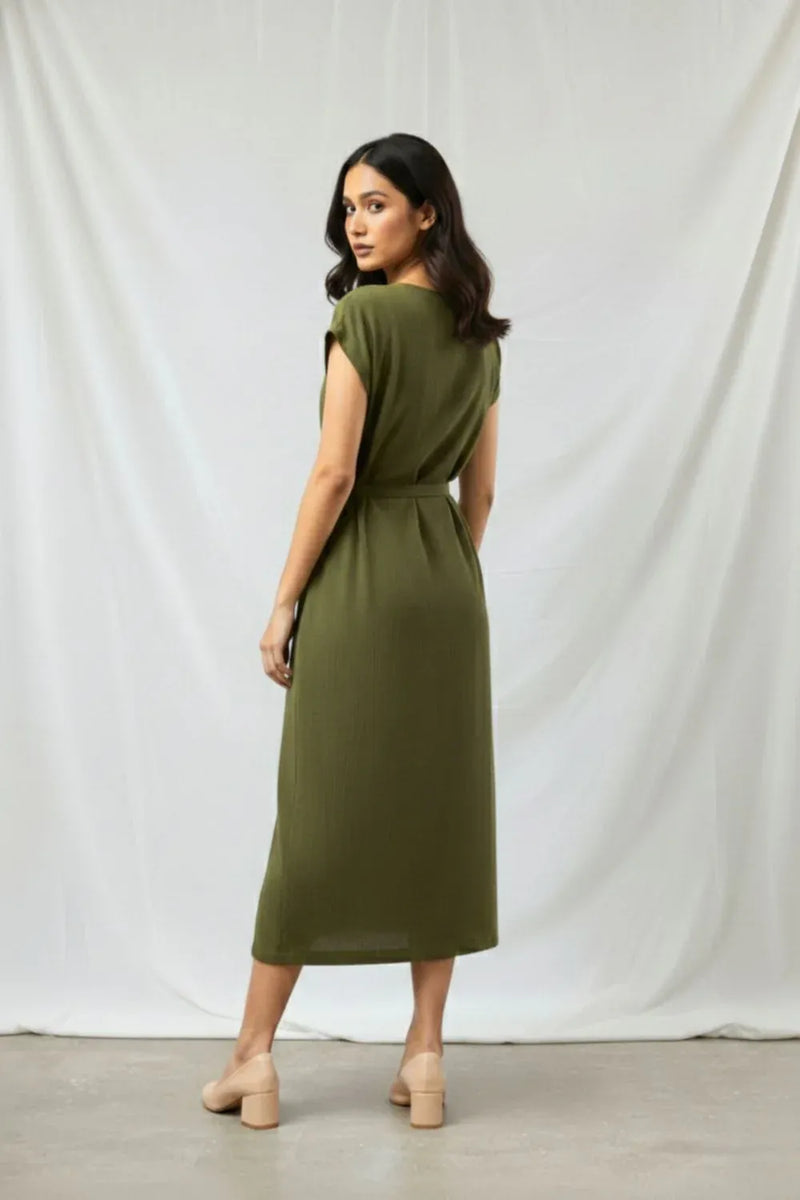 ERNA OLIVE DRESS organic cotton gauge by Doodlage in olive color for women Worldwide