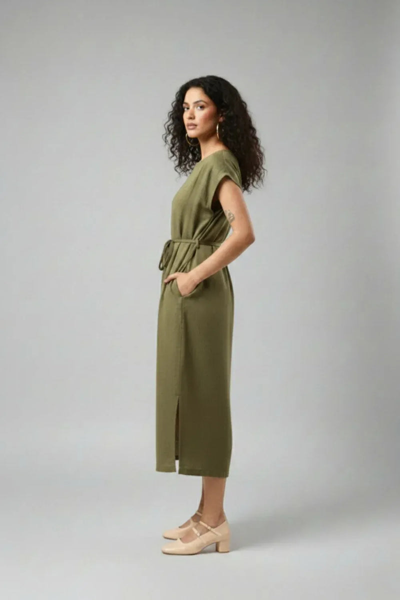 ERNA OLIVE DRESS organic cotton gauge by Doodlage in olive color for women Worldwide