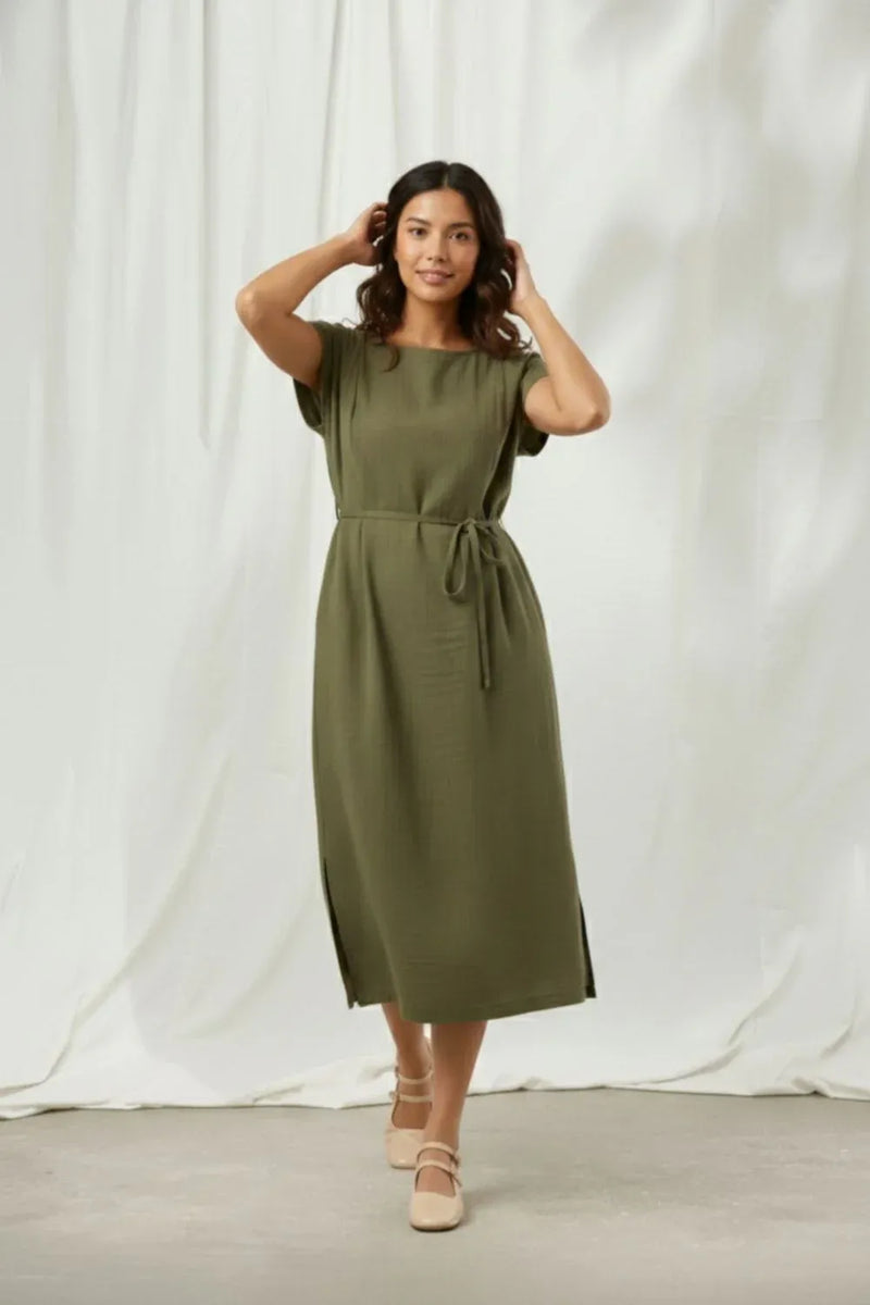 ERNA OLIVE DRESS organic cotton gauge by Doodlage in olive color for women Worldwide