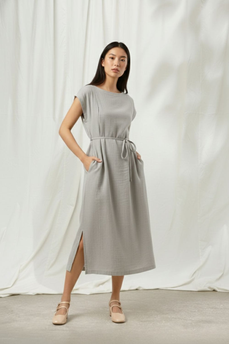 ERNA GREY DRESS organic cotton gauge by Doodlage in grey color for women Worldwide