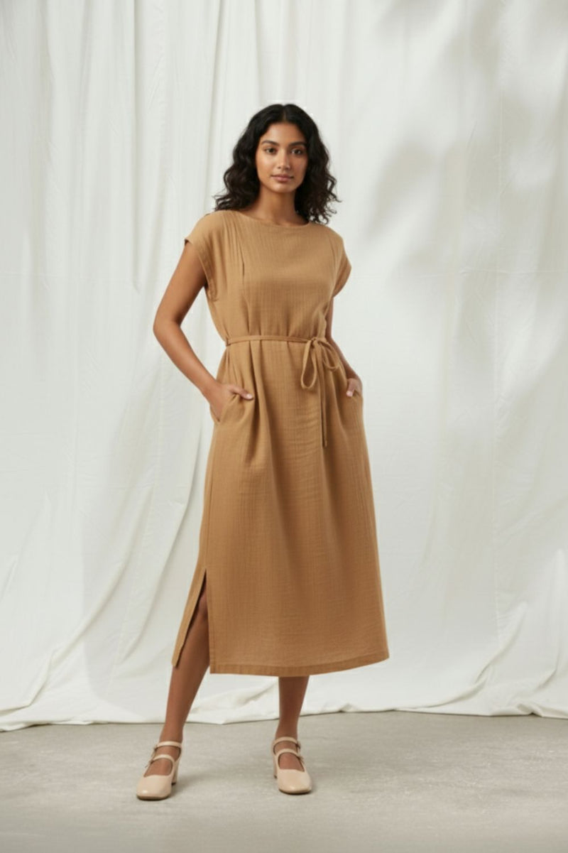 ERNA BEIGE DRESS organic cotton gauge by Doodlage in beige color for women Worldwide