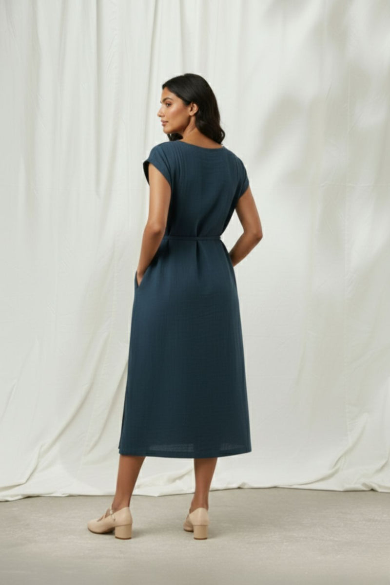 ERNA MIDNIGHT BLUE DRESS organic cotton gauge by Doodlage in blue color for women Worldwide