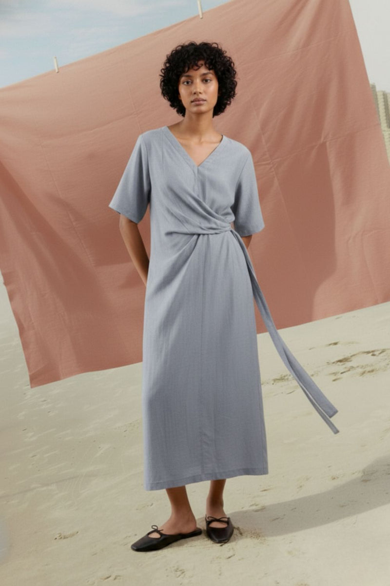EDEN PALE BLUE DRESS bemberg linen geogette by Doodlage in blue color for women Worldwide