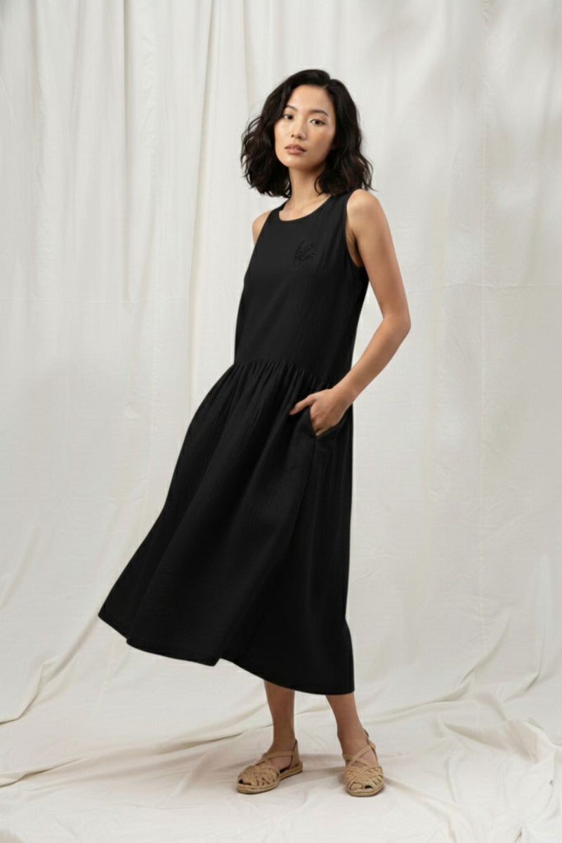 SUSAN BLACK DRESS organic cotton gauge by Doodlage in black color for women Worldwide