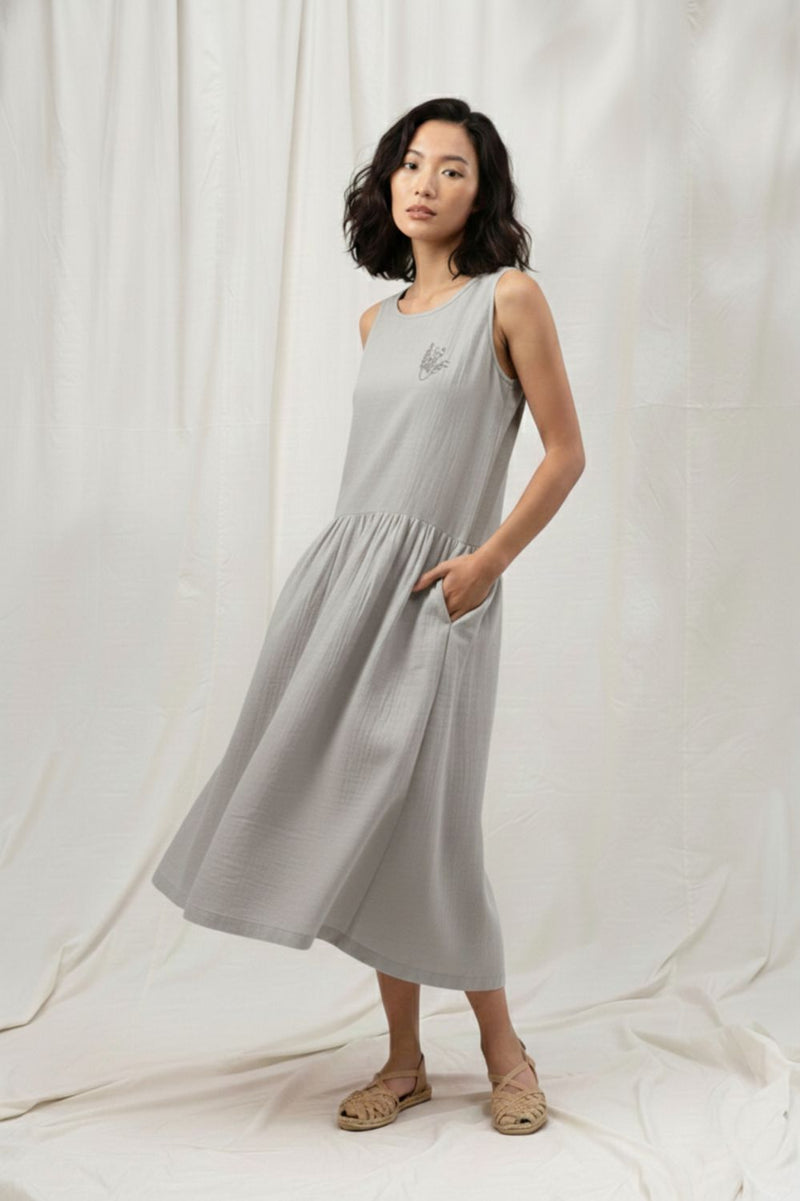 SUSAN GREY DRESS organic cotton gauge by Doodlage in blue color for women Worldwide