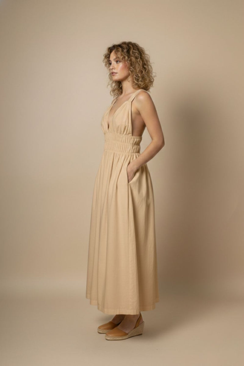AUGUST BEIGE DRESS upcycled cotton by Doodlage in beige color for women Worldwide
