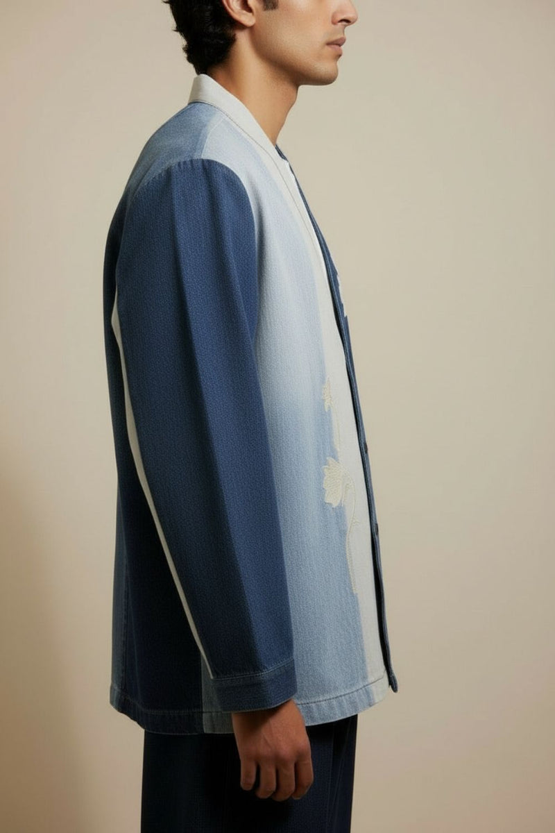 Ivy Denim Panelled Jacket upcycled cotton by Doodlage in blue color for men Worldwide
