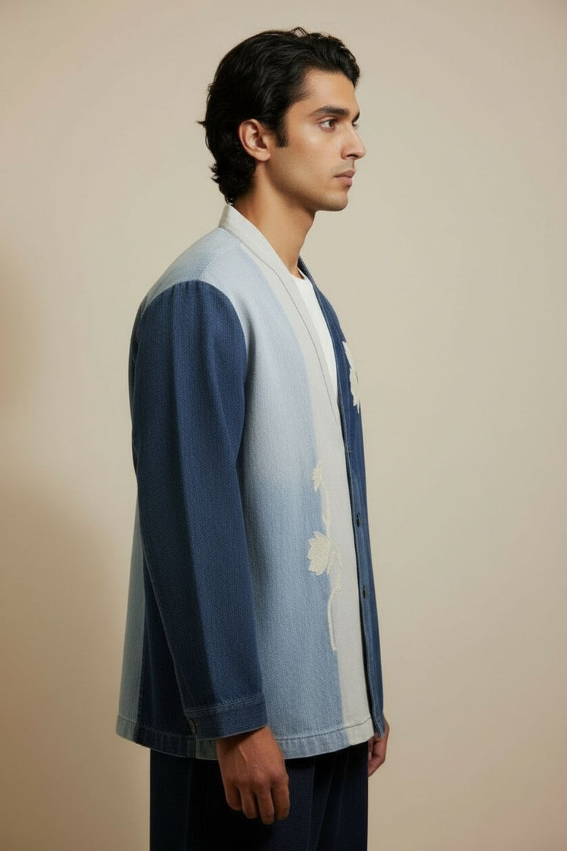 Ivy Denim Panelled Jacket upcycled cotton by Doodlage in blue color for men Worldwide