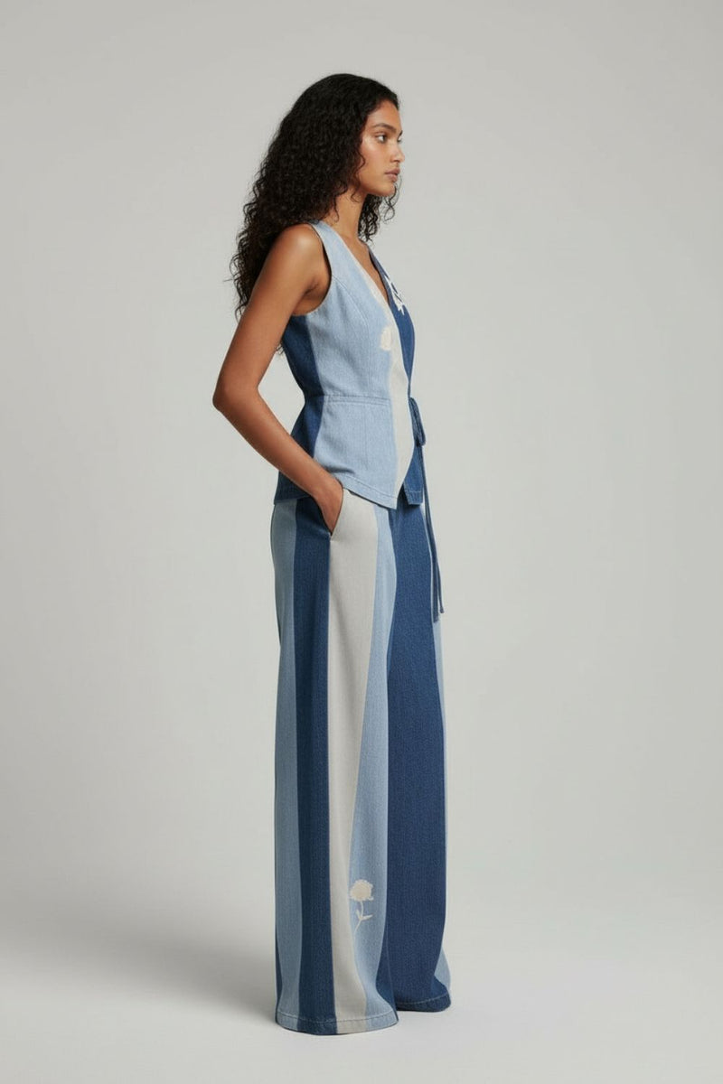Ember Denim Panelled Pants by Doodlage in blue color for women Worldwide