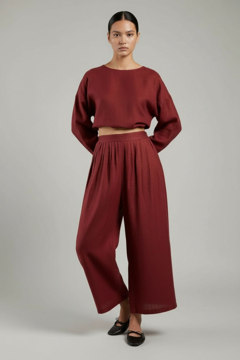 Aurora Maroon Pants linen by Doodlage for women Worldwide