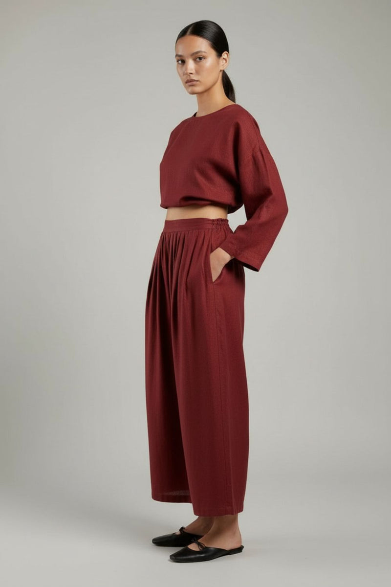Aurora Maroon Pants linen by Doodlage for women Worldwide