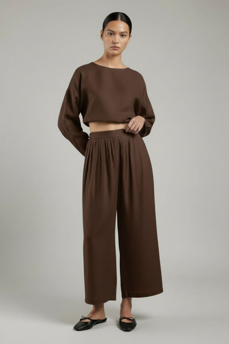 Aurora Brown Pants linen by Doodlage in brown color for women Worldwide