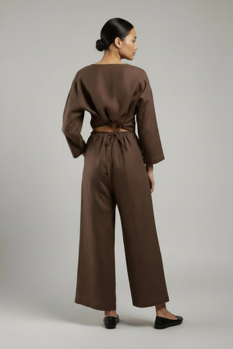 Aurora Brown Pants linen by Doodlage in brown color for women Worldwide