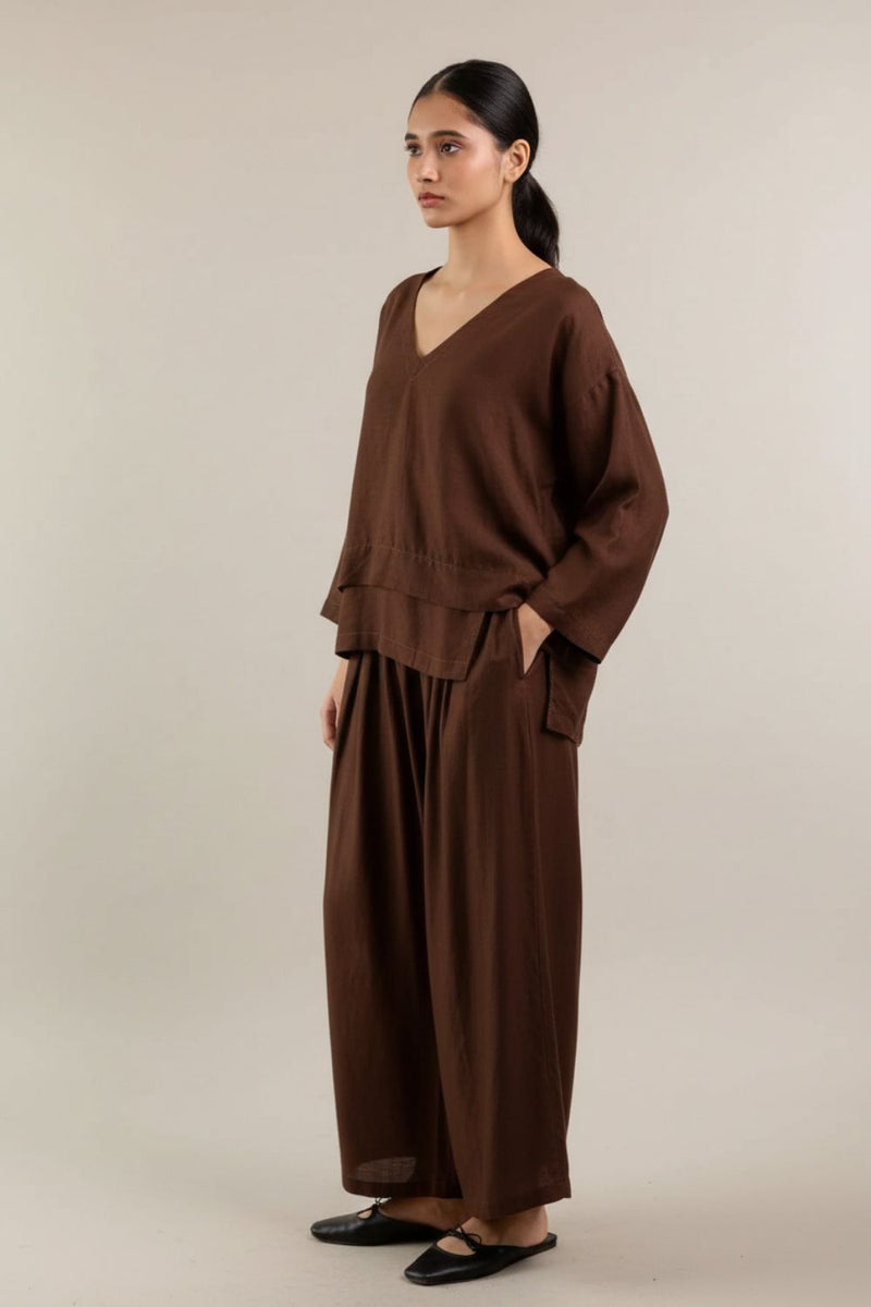 Aurora Brown Pants linen by Doodlage in brown color for women Worldwide