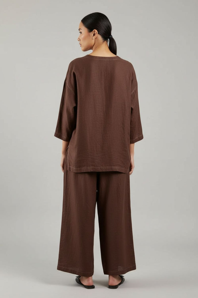 Aurora Brown Pants linen by Doodlage in brown color for women Worldwide