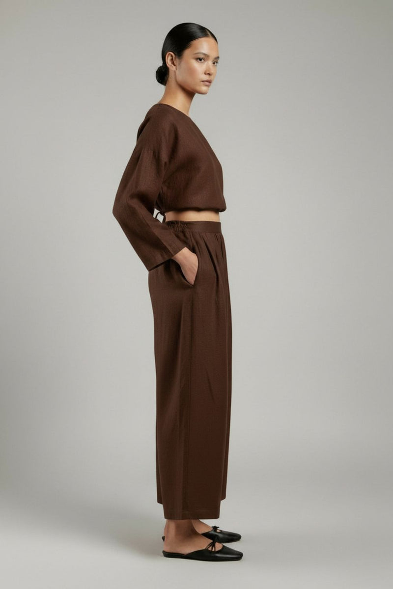 Aurora Brown Pants linen by Doodlage in brown color for women Worldwide