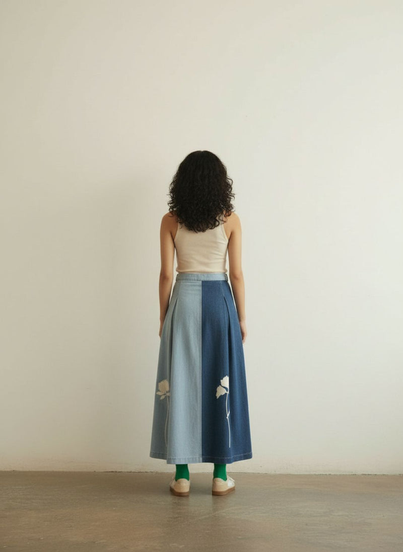 Judy Denim Panelled Skirt by Doodlage in blue color for women Worldwide