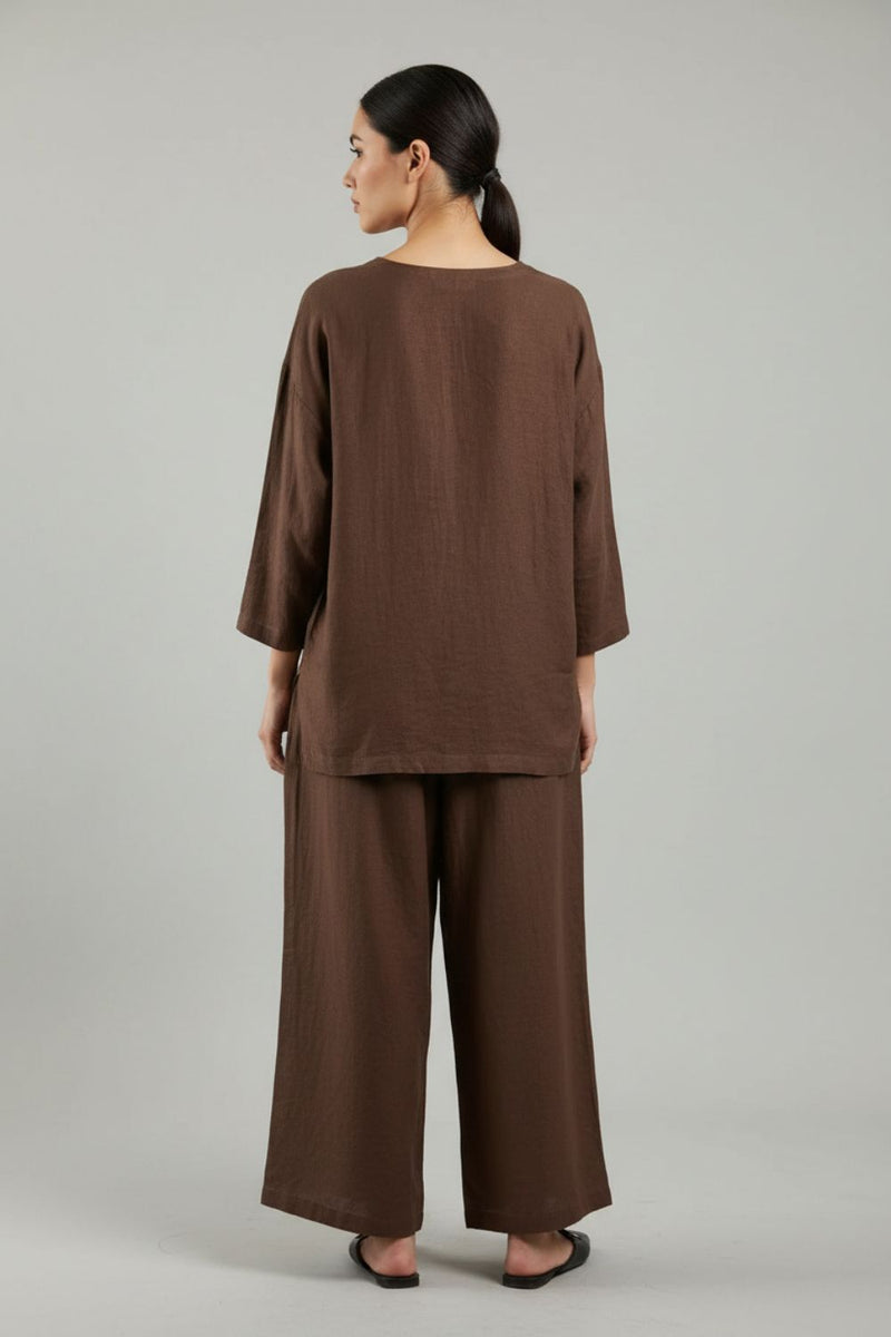 Savanna Brown Top linen by Doodlage in brown color for women Worldwide