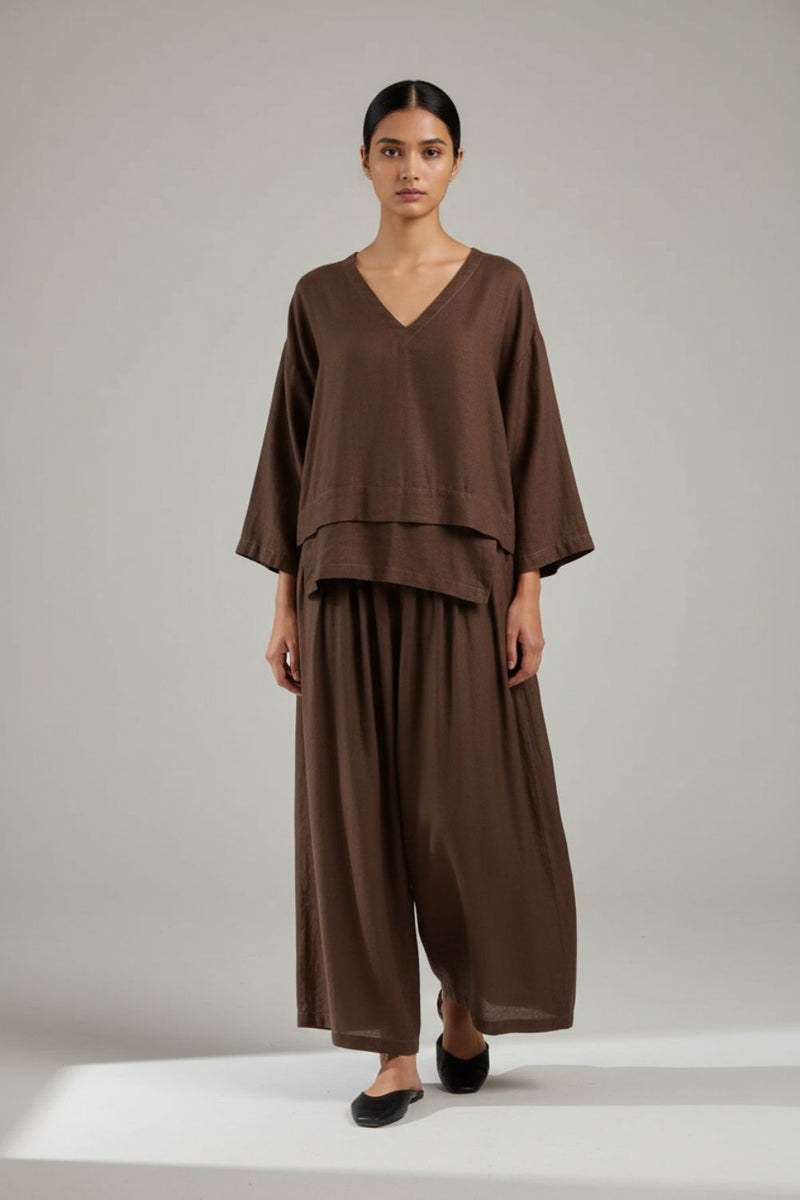 Savanna Brown Top linen by Doodlage in brown color for women Worldwide