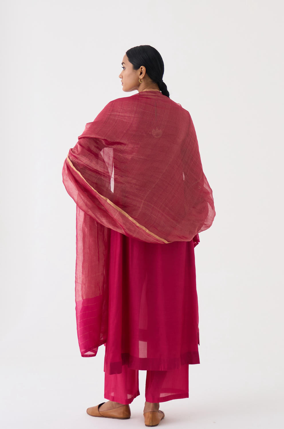 Rani Pink Zari Stripped Chanderi Dupatta