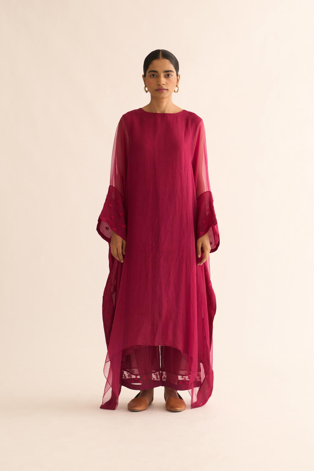 CRIMSON PINK ORGANZA EMBROIDERED KAFTAN SET