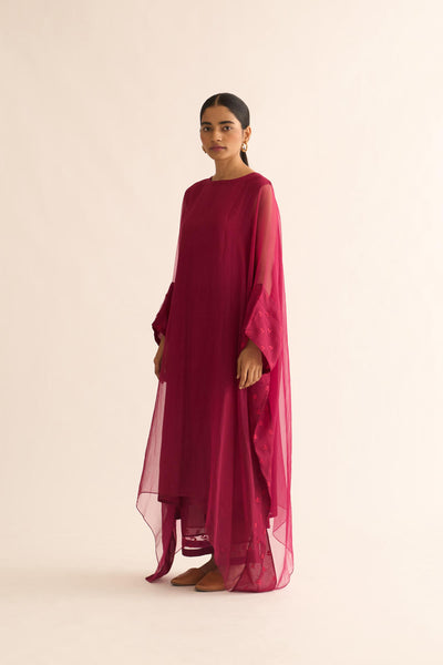 CRIMSON PINK ORGANZA EMBROIDERED KAFTAN SET