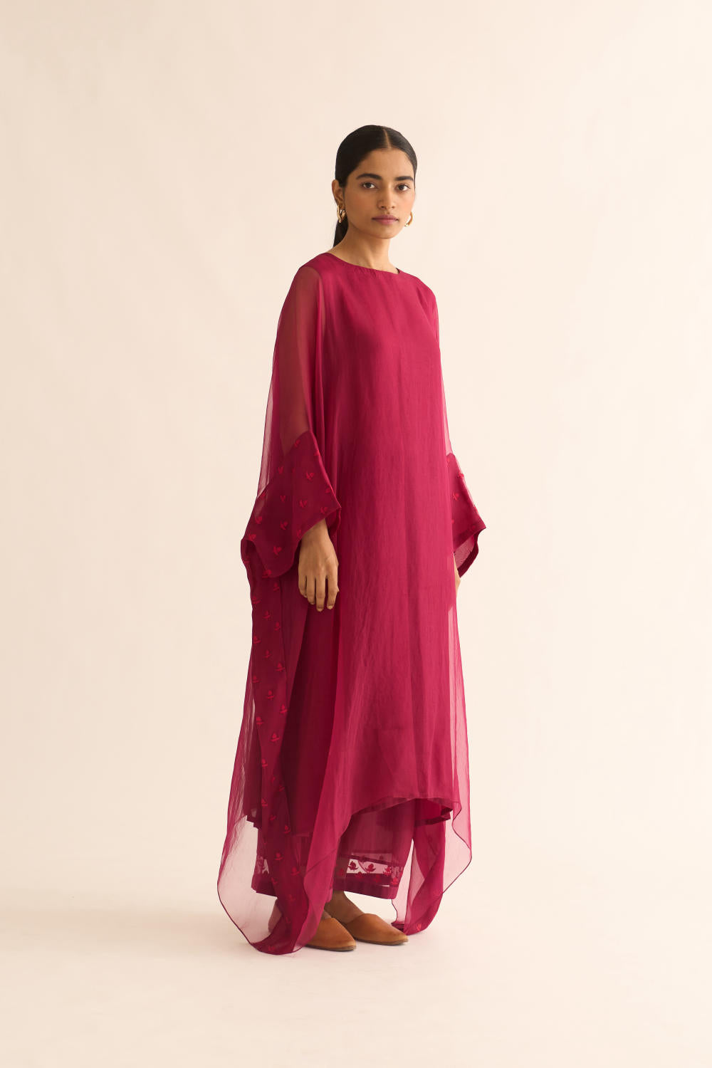 CRIMSON PINK ORGANZA EMBROIDERED KAFTAN SET