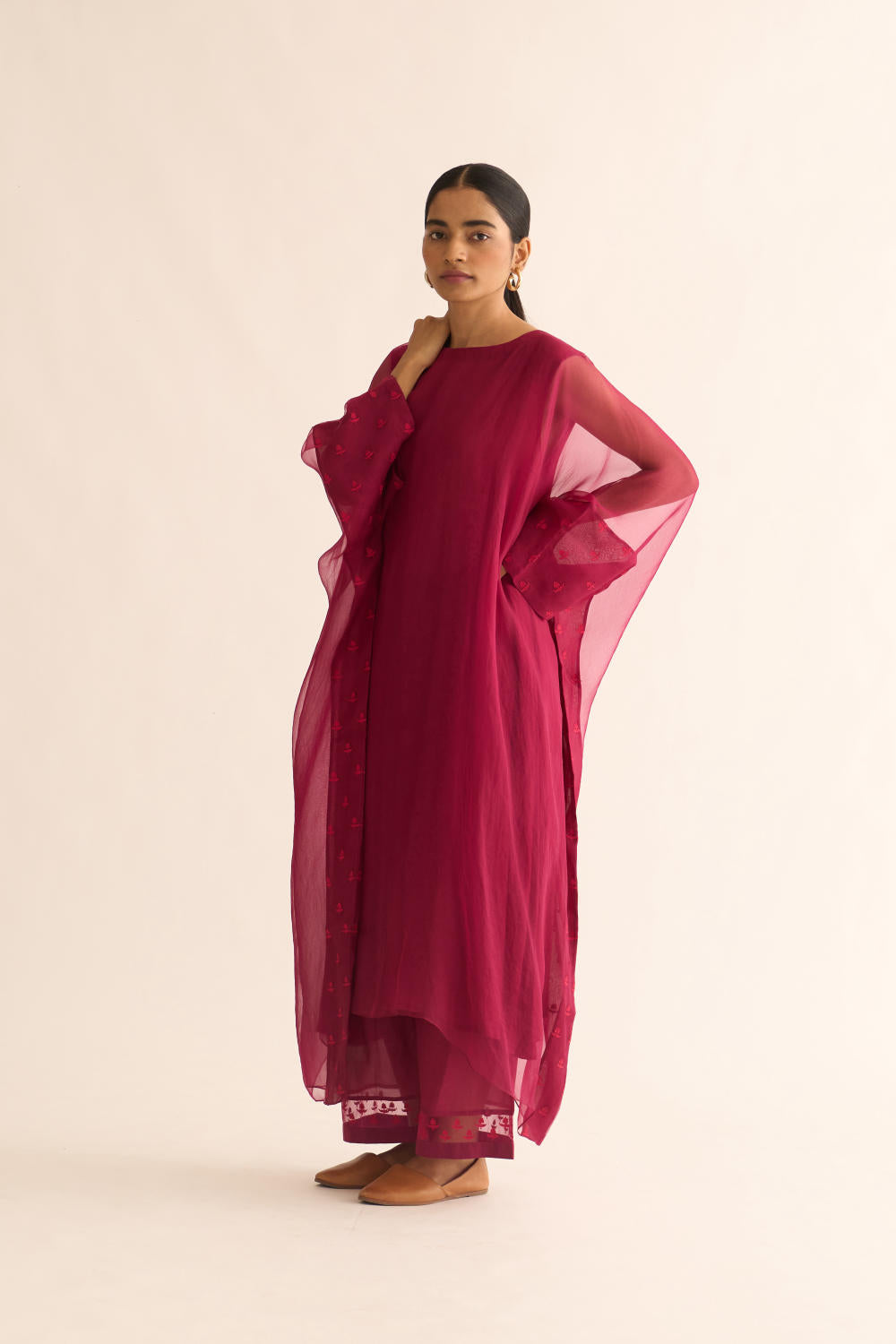 CRIMSON PINK ORGANZA EMBROIDERED KAFTAN SET