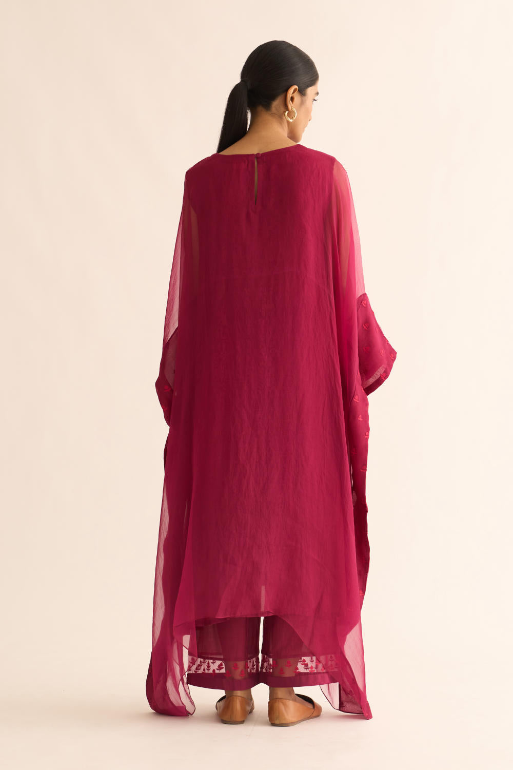 CRIMSON PINK ORGANZA EMBROIDERED KAFTAN SET