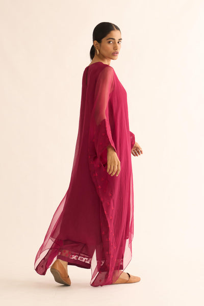 CRIMSON PINK ORGANZA EMBROIDERED KAFTAN SET