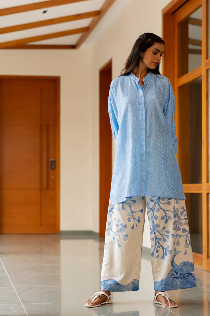 DOTS M BOX SHIRT-SKY BLUE silk by Dyelogue in blue color for women Worldwide