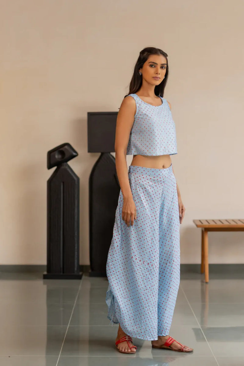 DOTS M SL CROP TOP-SKY BLUE silk by Dyelogue in blue color for women Worldwide