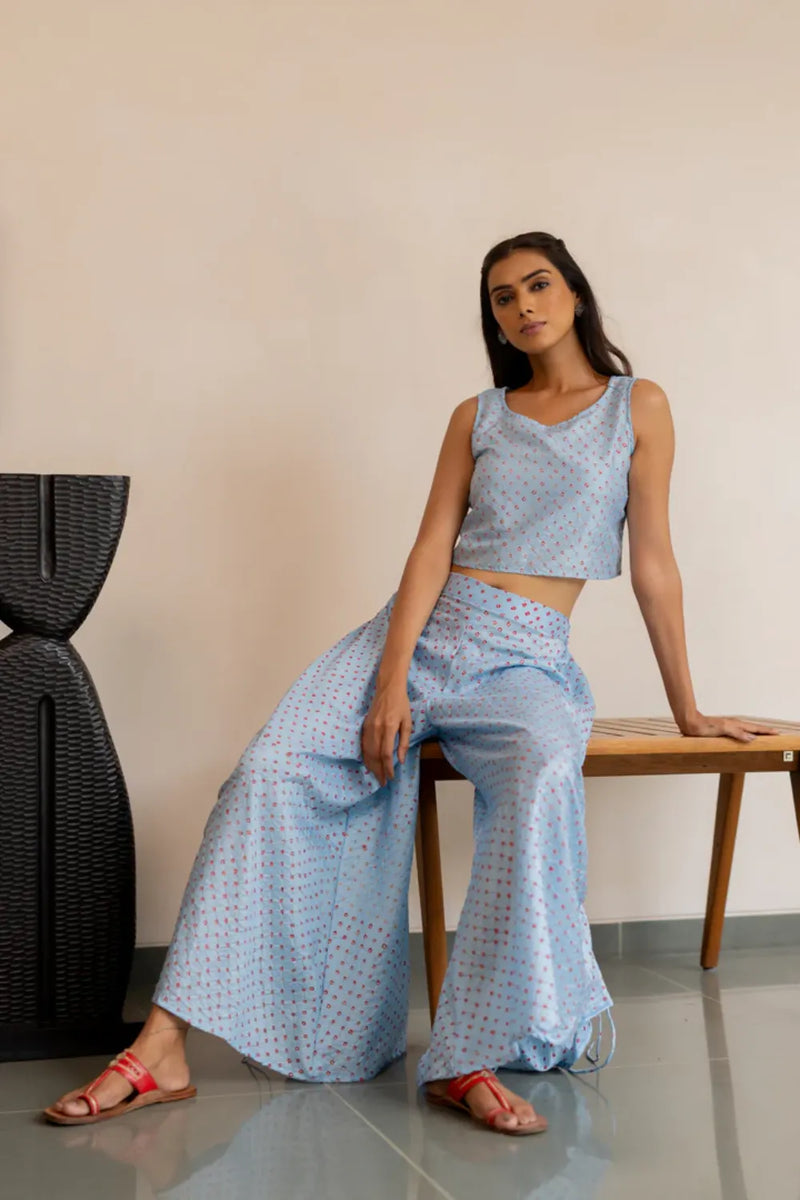 DOTS M SL CROP TOP-SKY BLUE silk by Dyelogue in blue color for women Worldwide