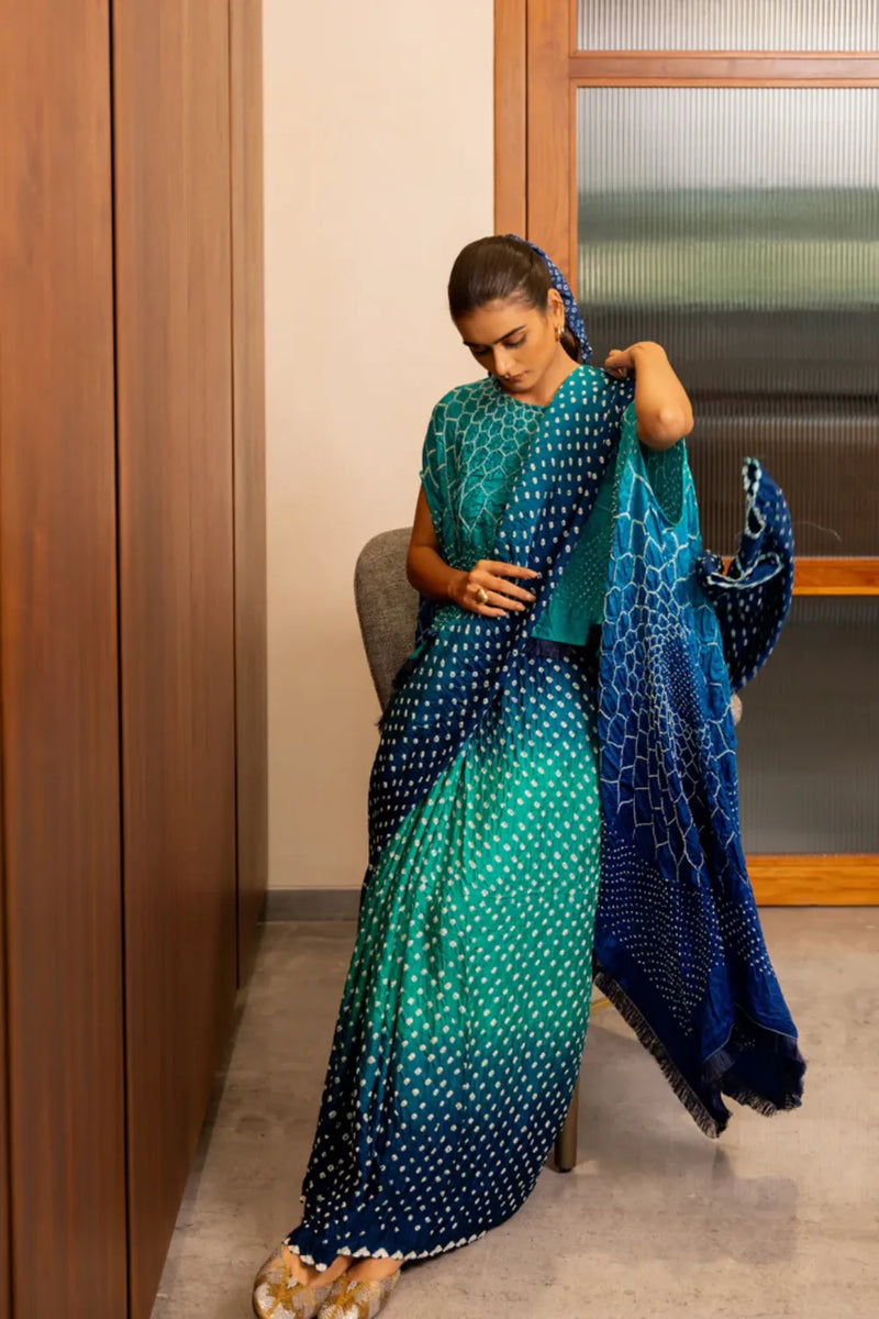 DOTS SHADED SAREE-BLUE GREEN SHADED silk by Dyelogue in multi color for women Worldwide