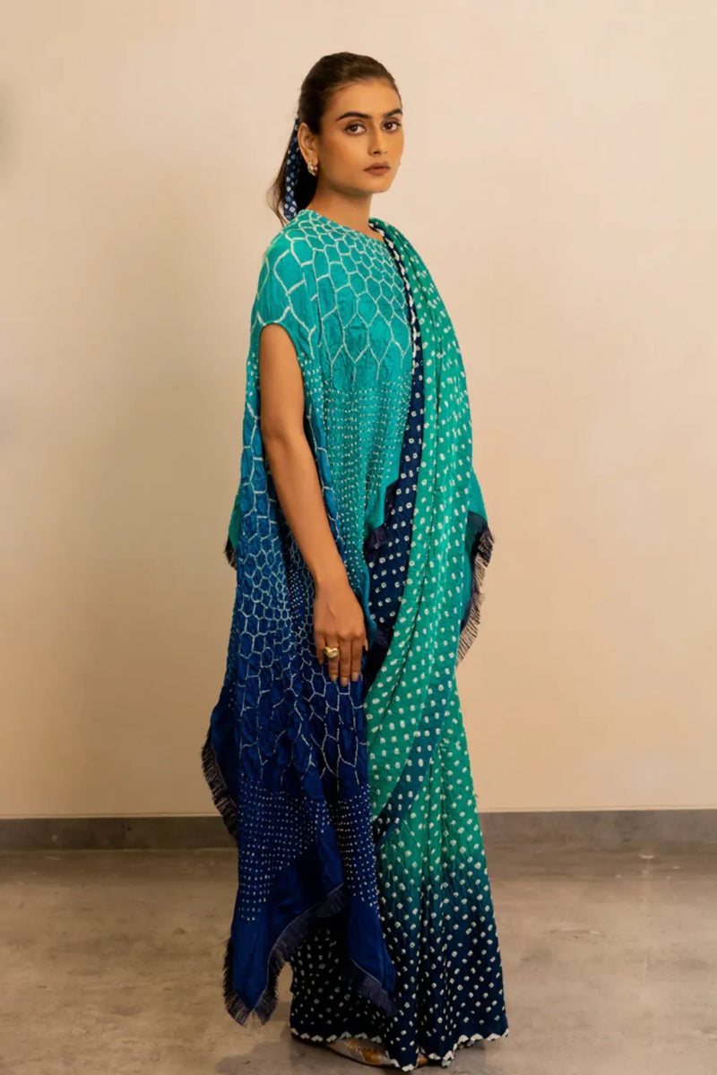 DOTS SHADED SAREE-BLUE GREEN SHADED silk by Dyelogue in multi color for women Worldwide