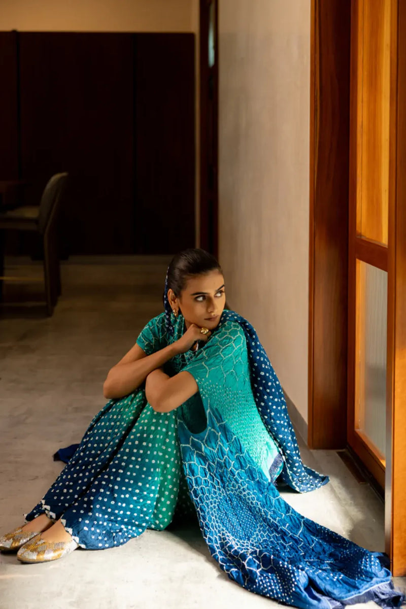 DOTS SHADED SAREE-BLUE GREEN SHADED silk by Dyelogue in multi color for women Worldwide