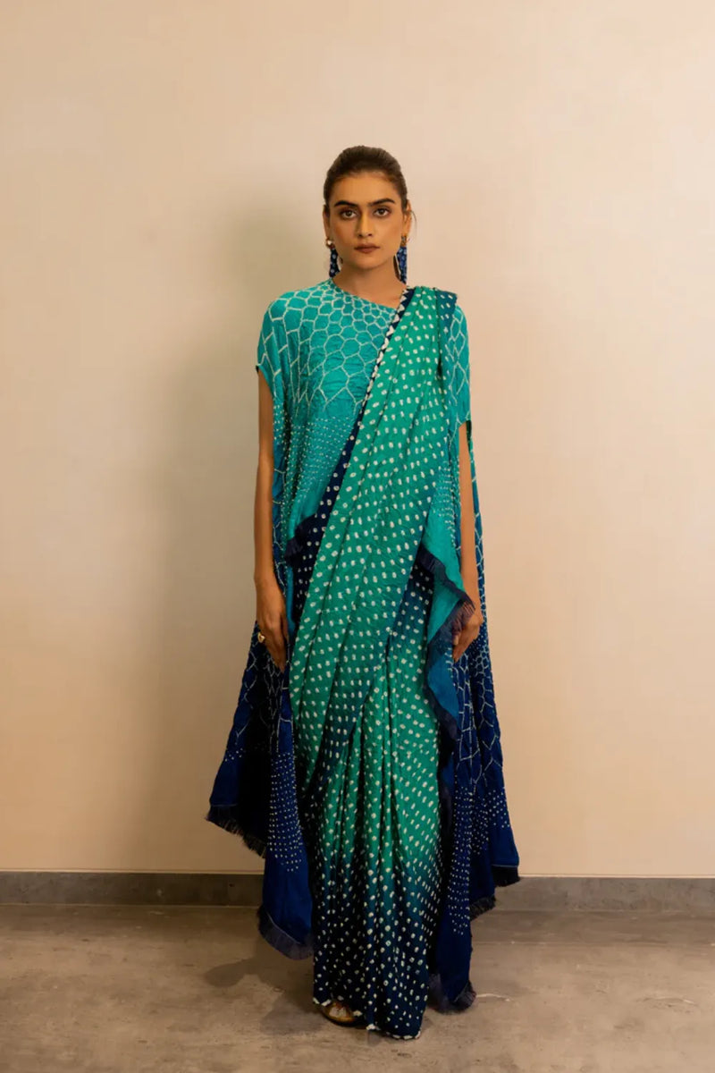 DOTS SHADED SAREE-BLUE GREEN SHADED silk by Dyelogue in multi color for women Worldwide