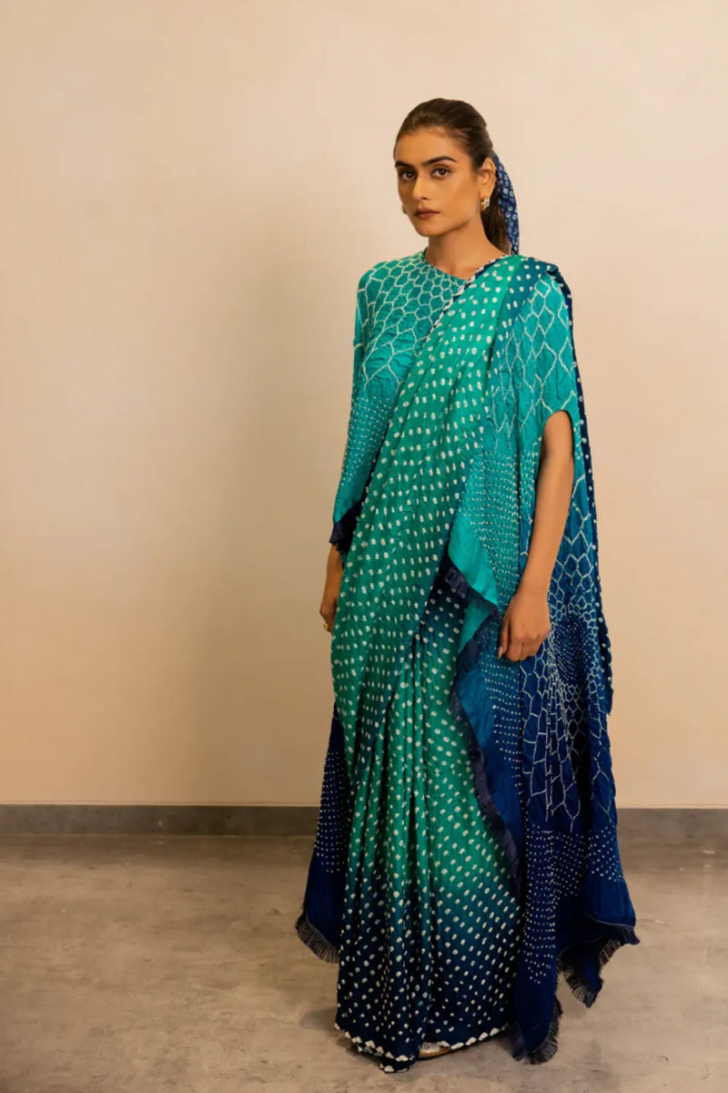 DOTS SHADED SAREE-BLUE GREEN SHADED silk by Dyelogue in multi color for women Worldwide