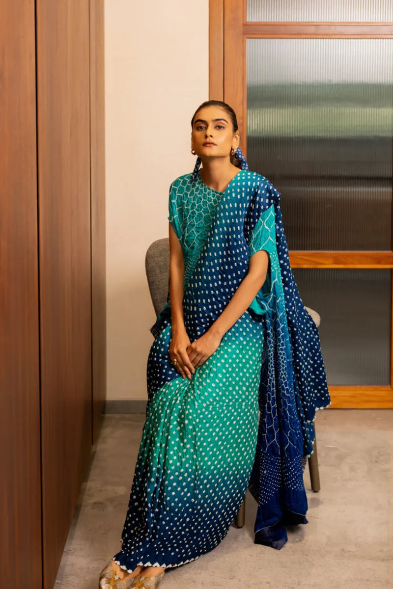 DOTS SHADED SAREE-BLUE GREEN SHADED silk by Dyelogue in multi color for women Worldwide