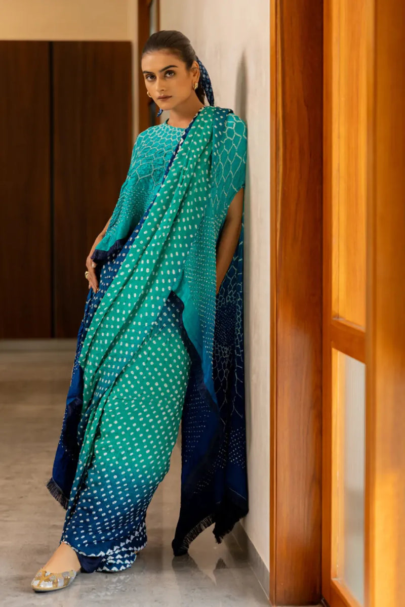 DOTS SHADED SAREE-BLUE GREEN SHADED silk by Dyelogue in multi color for women Worldwide