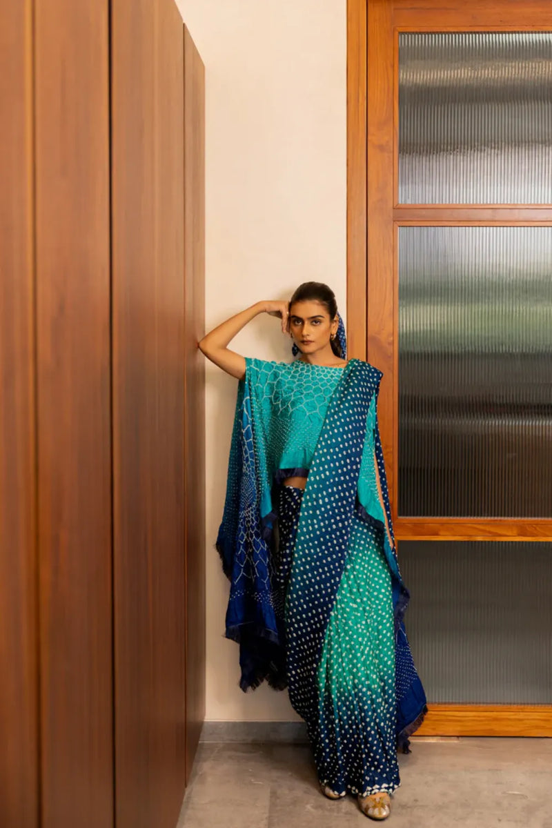 DOTS SHADED SAREE-BLUE GREEN SHADED silk by Dyelogue in multi color for women Worldwide
