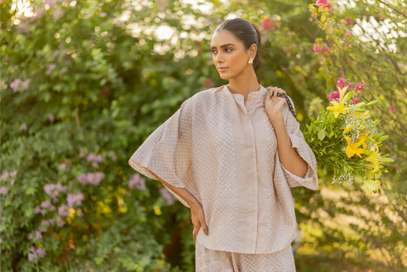 DOTS SHORT M KAF SHIRT-BEIGE silk by Dyelogue in beige color for women Worldwide