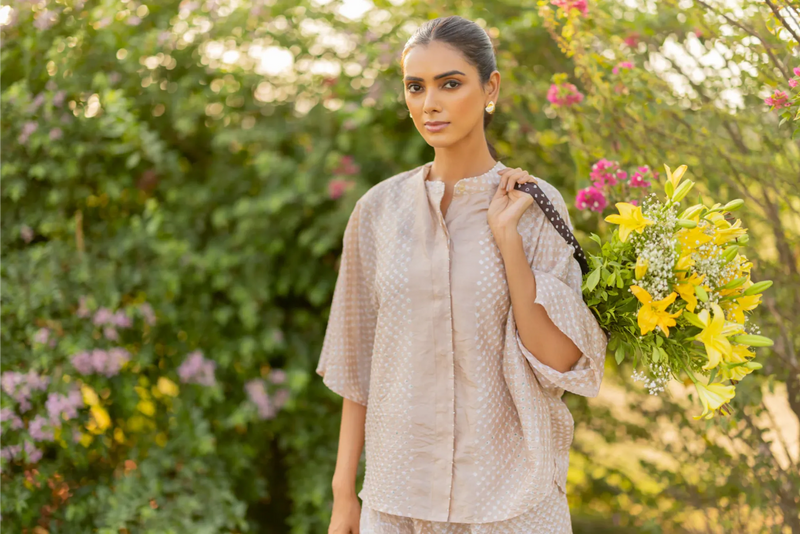 DOTS SHORT M KAF SHIRT-BEIGE silk by Dyelogue in beige color for women Worldwide