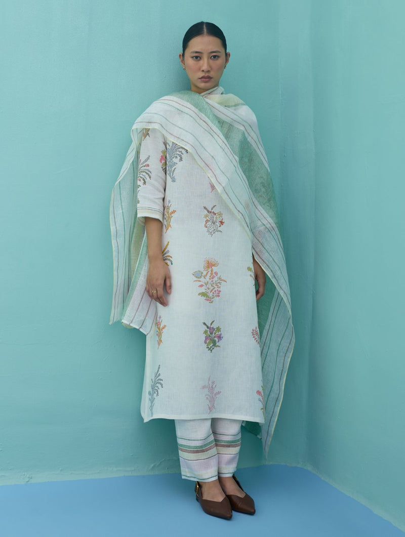 Rava Border Linen Stripe Dupatta - Ivory linen dupatta by Manan in ivory for women Worldwide