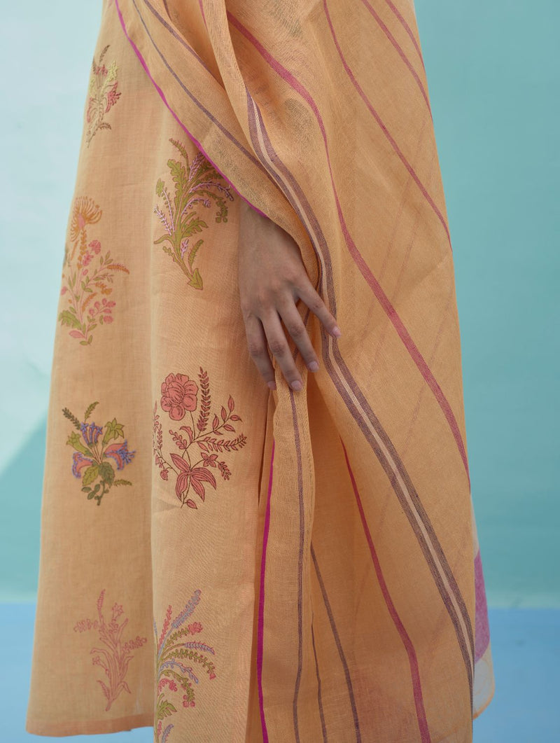 Rava Border Linen Stripe Dupatta - Apricot linen dupatta by Manan in apricot for women Worldwide